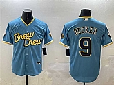 Men's Milwaukee Brewers #9 Bob Uecker Powder Blue City Connect With Patch Cool Base Stitched Jersey,baseball caps,new era cap wholesale,wholesale hats